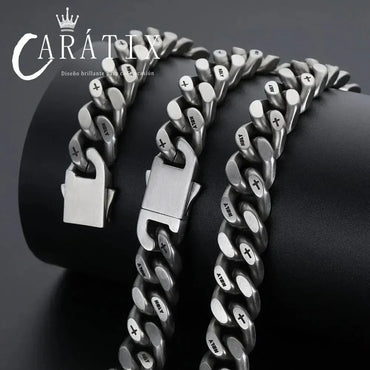 CARÁTIX – 13mm Thick Cuban Link Necklace with Cross Logo | Hip Hop Jewelry for Men & Women, Matte Black Street Style - CaratixJewelry