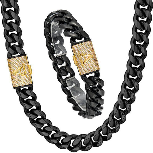 CARÁTIX 14mm Black Cuban Miami Link Chain Necklace – Stainless Steel Iced Out Letter Button Hip Hop Jewelry for Men - CaratixJewelry