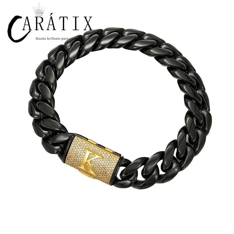 CARÁTIX 14mm Black Cuban Miami Link Chain Necklace – Stainless Steel Iced Out Letter Button Hip Hop Jewelry for Men - CaratixJewelry