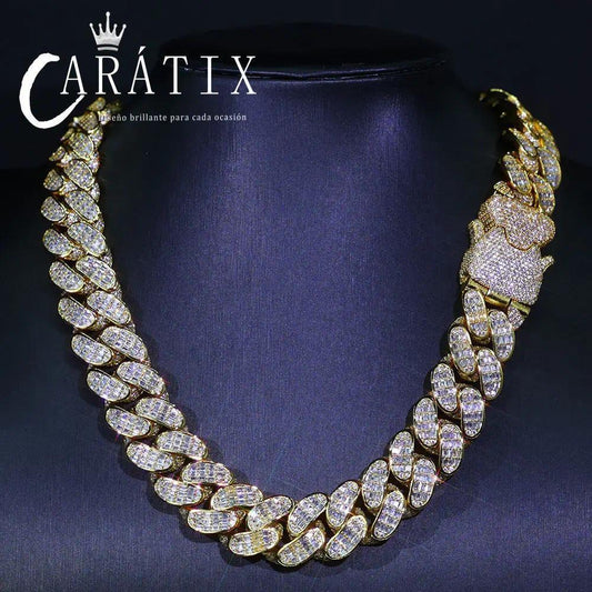 CARÁTIX 18mm Cuban Link Chain Necklace – Micro Pave Rectangular CZ Iced Out Hip Hop Jewelry for Men | Spring Buckle Design - CaratixJewelry
