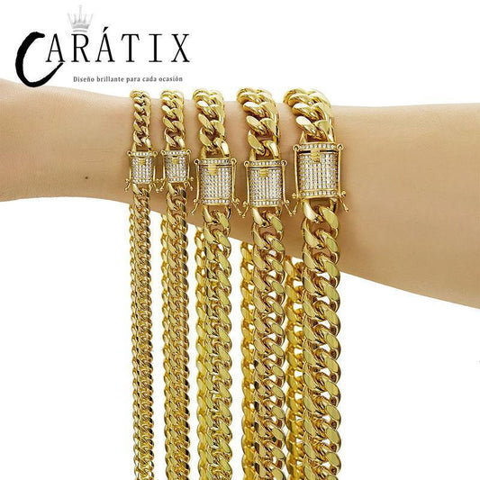 CARÁTIX 6–14mm Gold Stainless Steel Cuban Miami Chain Necklace – Heavy CZ Iced Out Hip Hop Rock Jewelry for Men - CaratixJewelry
