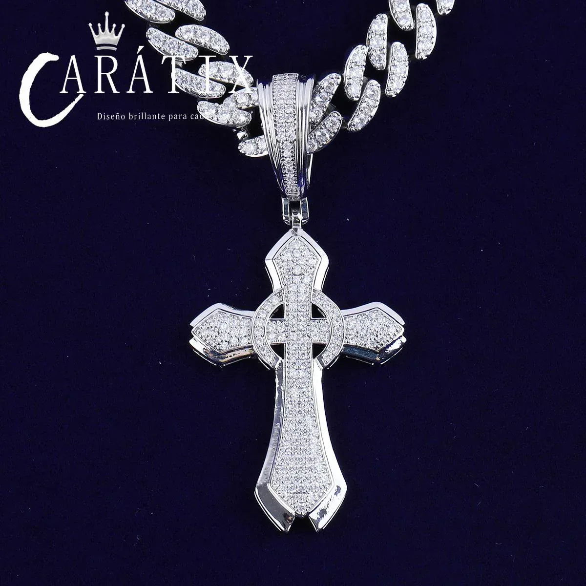 Bubble Letter Iced Out Circle Cross Pendant Necklace - CaratixJewelry