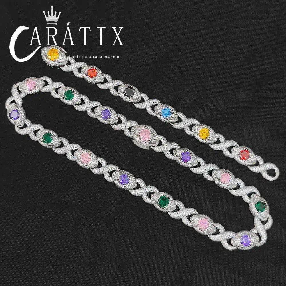 CARÁTIX Evil Eye Cuban Link Chain Necklace – CZ Color Zircon Iced Out Hip Hop Jewelry for Women & Men | White Bling Gift - CaratixJewelry
