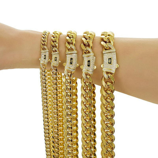 CARÁTIX Gold Stainless Steel Cuban Link Chain Necklace – CZ Iced Out Hip Hop Bling Jewelry for Men | Box Lock Rapper Gift - CaratixJewelry