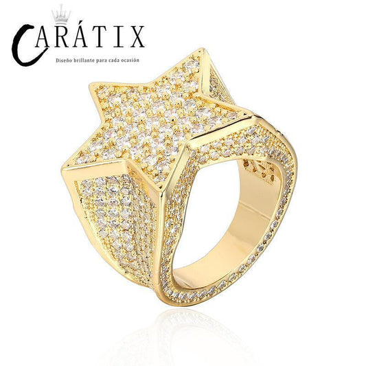 CARÁTIX Hip-Hop Explosive Copper Inlaid Zircon Pentagram Star Ring | Men's High-Quality Hip-Hop Jewelry - CaratixJewelry