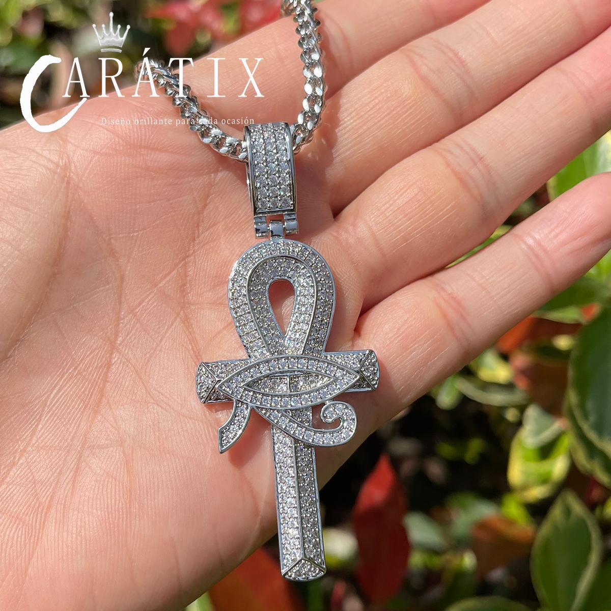 Men's Iced Out Eye of Horus Ankh Cross Pendant Necklace Chain - CaratixJewelry