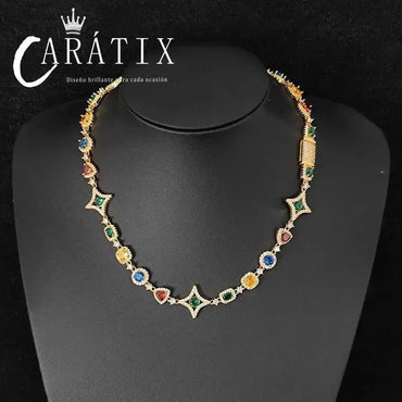 CARÁTIX Rainbow Gemstone Link Chain Necklace – Circle/Rectangle/Triangle Multicolor Choker for Women - CaratixJewelry