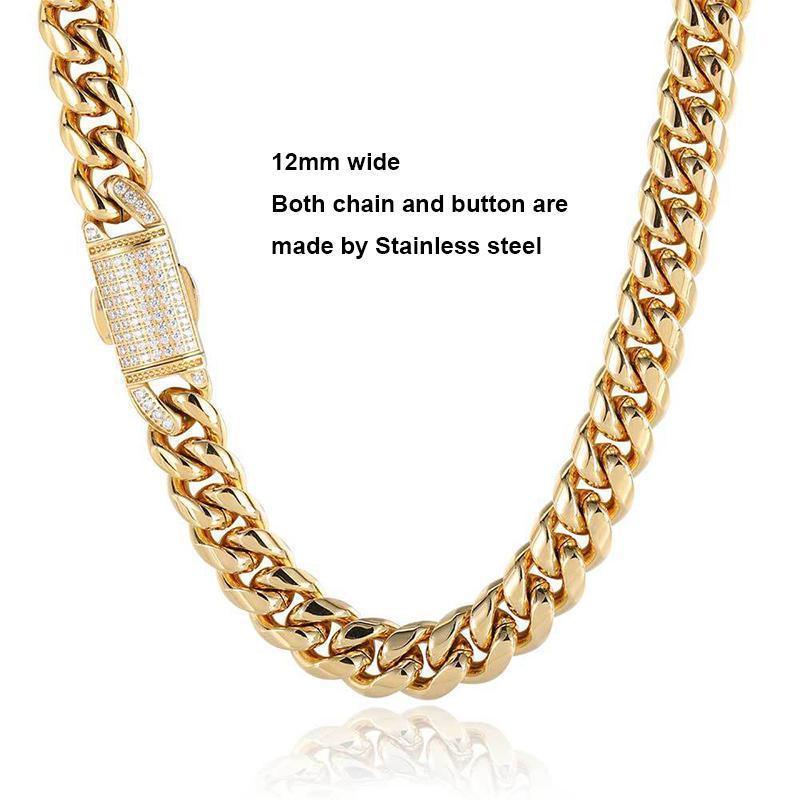 CARÁTIX Stainless Steel Cuban Miami Link Chain Necklace – Button Clasp Iced Out Hip Hop Jewelry for Men - CaratixJewelry