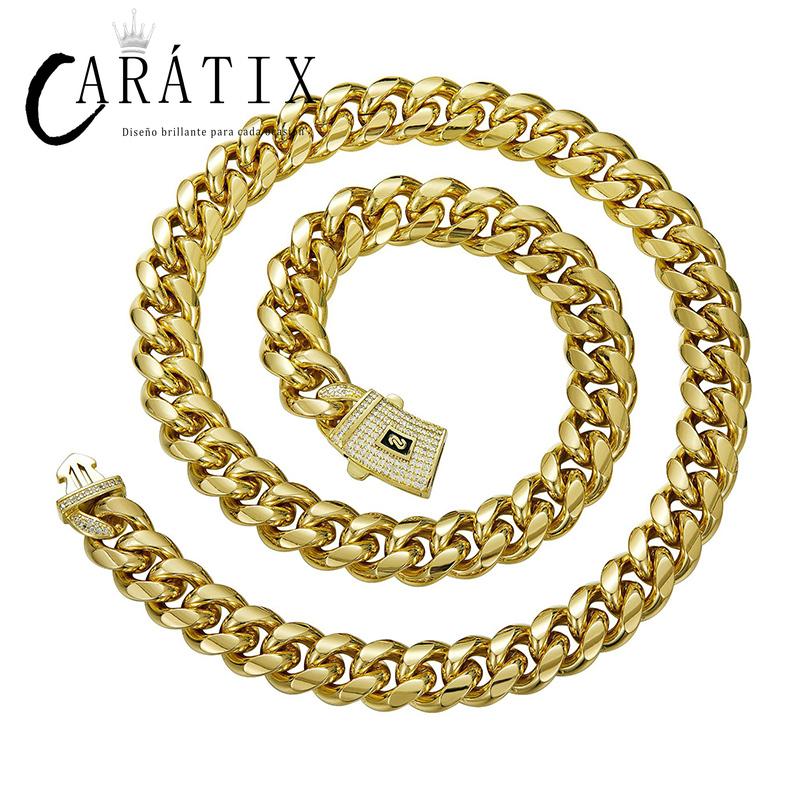 CARÁTIX Gold Stainless Steel Cuban Link Chain Necklace – CZ Iced Out Hip Hop Bling Jewelry for Men | Box Lock Rapper Gift