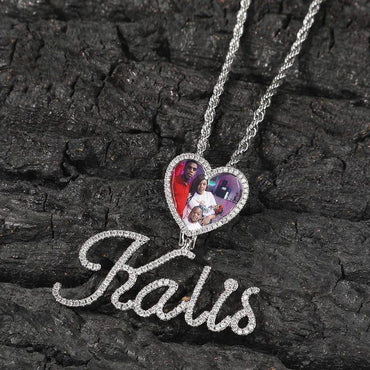 Cursive Letter Name Small Heart Pendant DIY Photo Necklace Full Iced Out Cubic Zirconia CZ Stone Hiphop Jewelry - CaratixJewelry