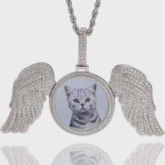 Custom Big Angel Wing Round Photo Necklace Women Personalized Memory Jewelry Customized Picture Pendant Charm Men Free Engrave - CaratixJewelry