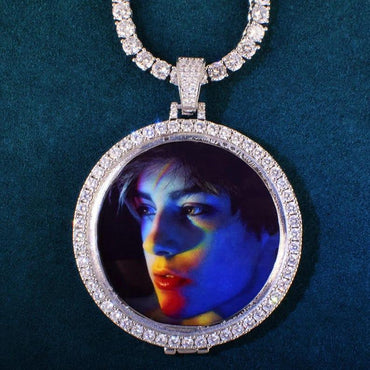 Custom Circle Medallion Photo Pendant One Row Zircon Make Memory Picture Necklace Chain for Men Hip Hop Jewelry - CaratixJewelry