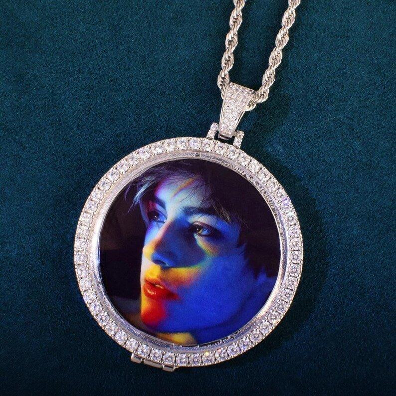Custom Circle Medallion Photo Pendant One Row Zircon Make Memory Picture Necklace Chain for Men Hip Hop Jewelry - CaratixJewelry