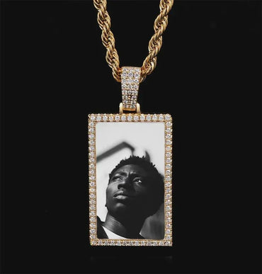Custom Made Photo Rectangle Shape Pendant Necklace Zircon Men's Hip Hop Jewelry Memory Picture Pendant For Men Gift - CaratixJewelry