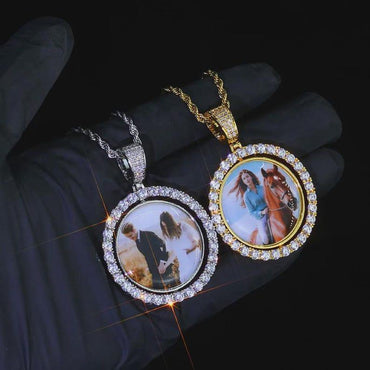 Custom Photo Necklace For Men Rotating Double-Sided Medallions Spinning Pendant Bling Iced Out Hip Hop Jewelry - CaratixJewelry