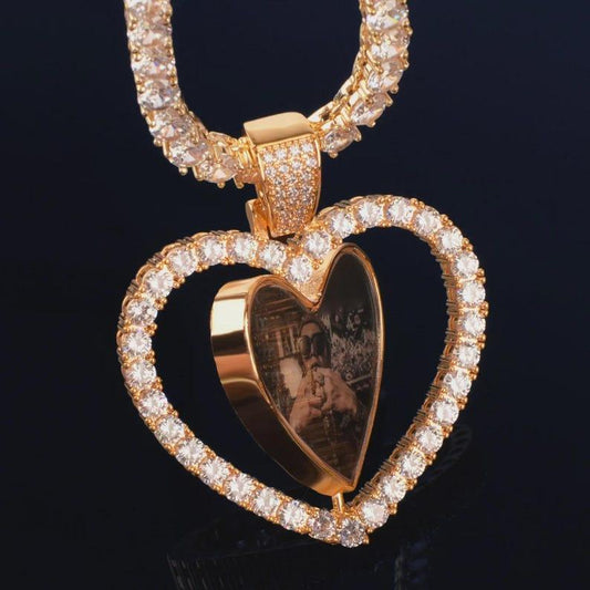 Custom Rotating Double-Sided Heart Love Shape Photo Pendant for Men Women Make Memory Picture Necklace Chain Hip Hop Jewelry - CaratixJewelry