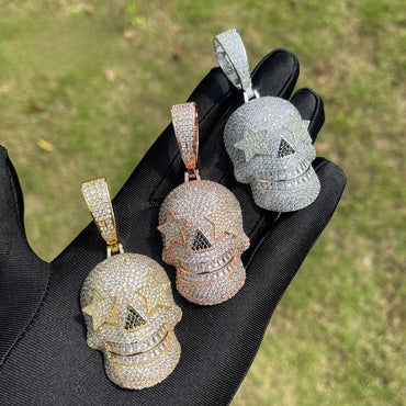 Iced Out Star Eye Skull Pendant | Men's Real Copper CZ Necklace - CaratixJewelry