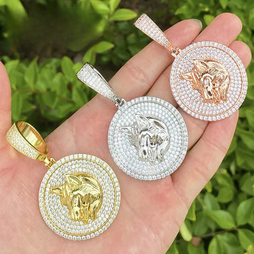 Iced Out Round Wolf Head Medallion | Men's Real Copper CZ "Alpha" Necklace | - CaratixJewelry
