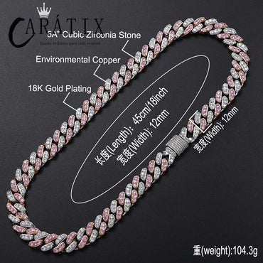 CARÁTIX Pink & White AAA CZ Cuban Link Chain Necklace – Iced Out Round Hip Hop Bling Jewelry for Men & Women | Fashion Choker Gift