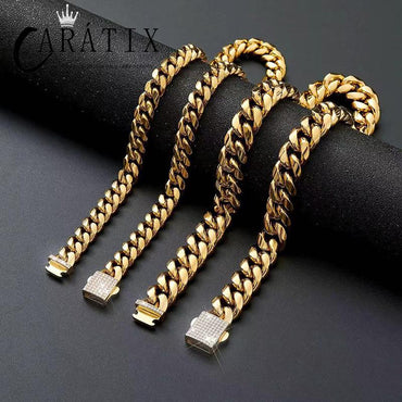 CARÁTIX 6–14mm Stainless Steel Cuban Link Chain Necklace – Heavy CZ Iced Out Hip Hop Jewelry for Men | Box Lock Rapper Chain