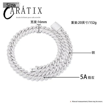 CARÁTIX – 16mm Rhombus Cuban Miami Link Chain Necklace | Iced Out CZ Bling Hip Hop Jewelry for Men & Women, Rapper Street Style - CaratixJewelry