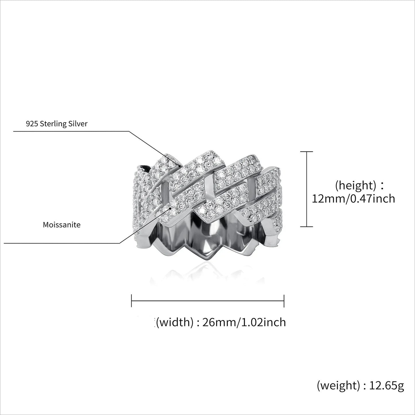 S925 Sterling Silver Moissanite Ring | Men's Iced Out Band Size 7-11 | Caratix