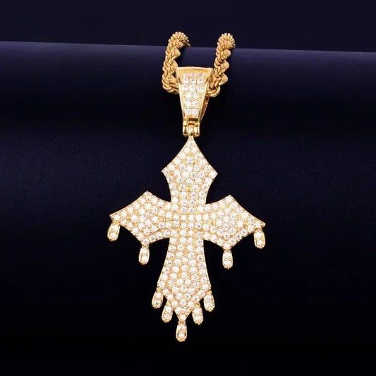 Iced Out "Liquid Drip" Cross Pendant | Men's Melting Hip Hop Necklace | Premium Copper CZ Streetwear Jewelry | Kinetic Style Bling | Caratix - CaratixJewelry