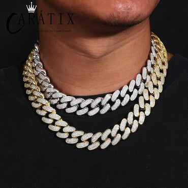 CARÁTIX 18mm Iced Out Cuban Link Chain Necklace – 3 Row CZ Heavy Round Hip Hop Bling Jewelry for Men | Rapper Gift