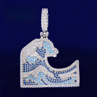 Iced Out Great Wave of Kanagawa Pendant | Men's Hokusai Art Necklace | Blue & White CZ Japanese Jewelry | Ukiyo-e Streetwear Bling | Caratix - CaratixJewelry