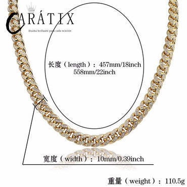 CARÁTIX 10MM Miami Cuban Chain Necklace – Iced Out Hip Hop Jewelry with Paved CZ Rhinestones for Men & Women