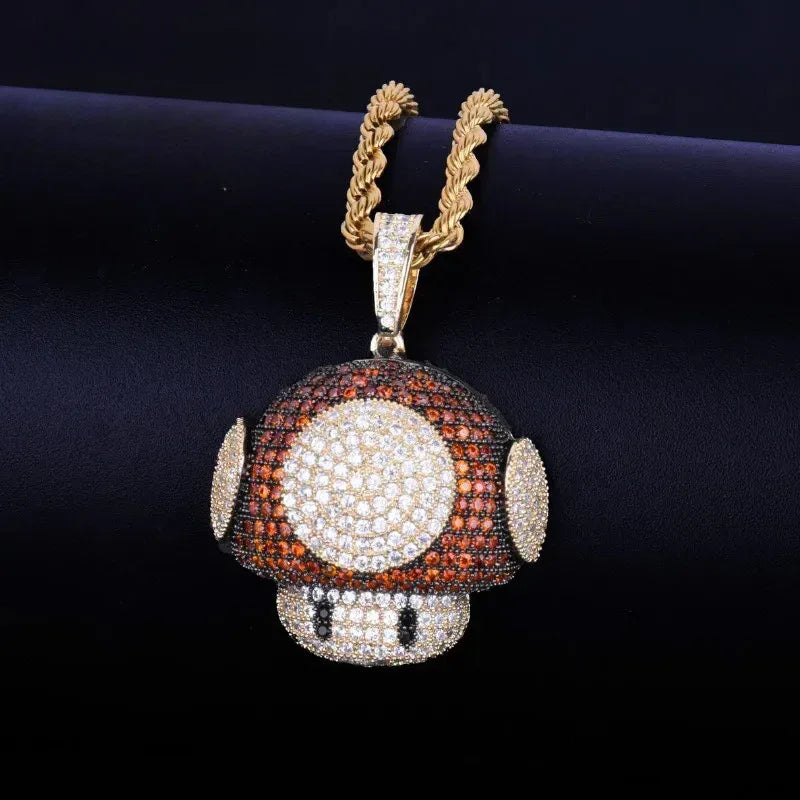 Iced Out Funky Mushroom Pendant | Men's Real Copper CZ Necklace - CaratixJewelry