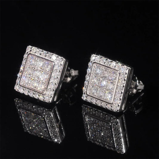 925 Silver Square Moissanite Stud Earrings Unisex Couple Style - CaratixJewelry