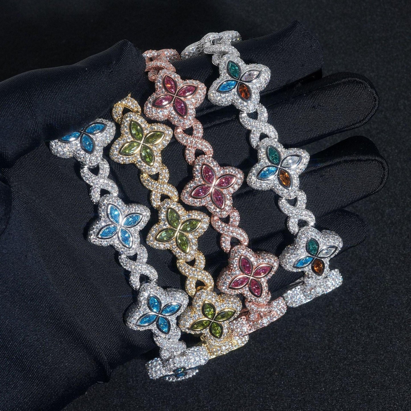 Four-Leaf Clover Bracelet – S925 Sterling Silver Colorful Marquise-Cut Moissanite Luxury Jewelry - CaratixJewelry