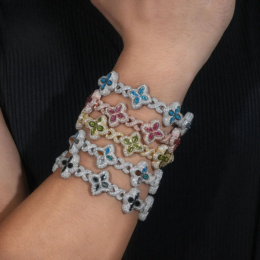 Four-Leaf Clover Bracelet – S925 Sterling Silver Colorful Marquise-Cut Moissanite Luxury Jewelry - CaratixJewelry