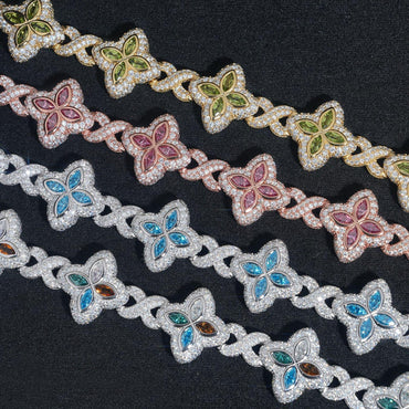 Four-Leaf Clover Bracelet – S925 Sterling Silver Colorful Marquise-Cut Moissanite Luxury Jewelry - CaratixJewelry