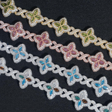 Four-Leaf Clover Bracelet – S925 Sterling Silver Colorful Marquise-Cut Moissanite Luxury Jewelry - CaratixJewelry