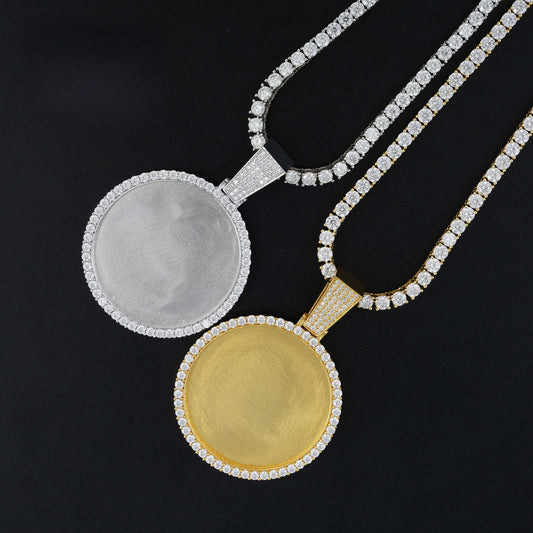 Hip - Hop 40MM Round Photo Frame Pendant – S925 Silver Moissanite, Trendy Men’s Jewelry - CaratixJewelry