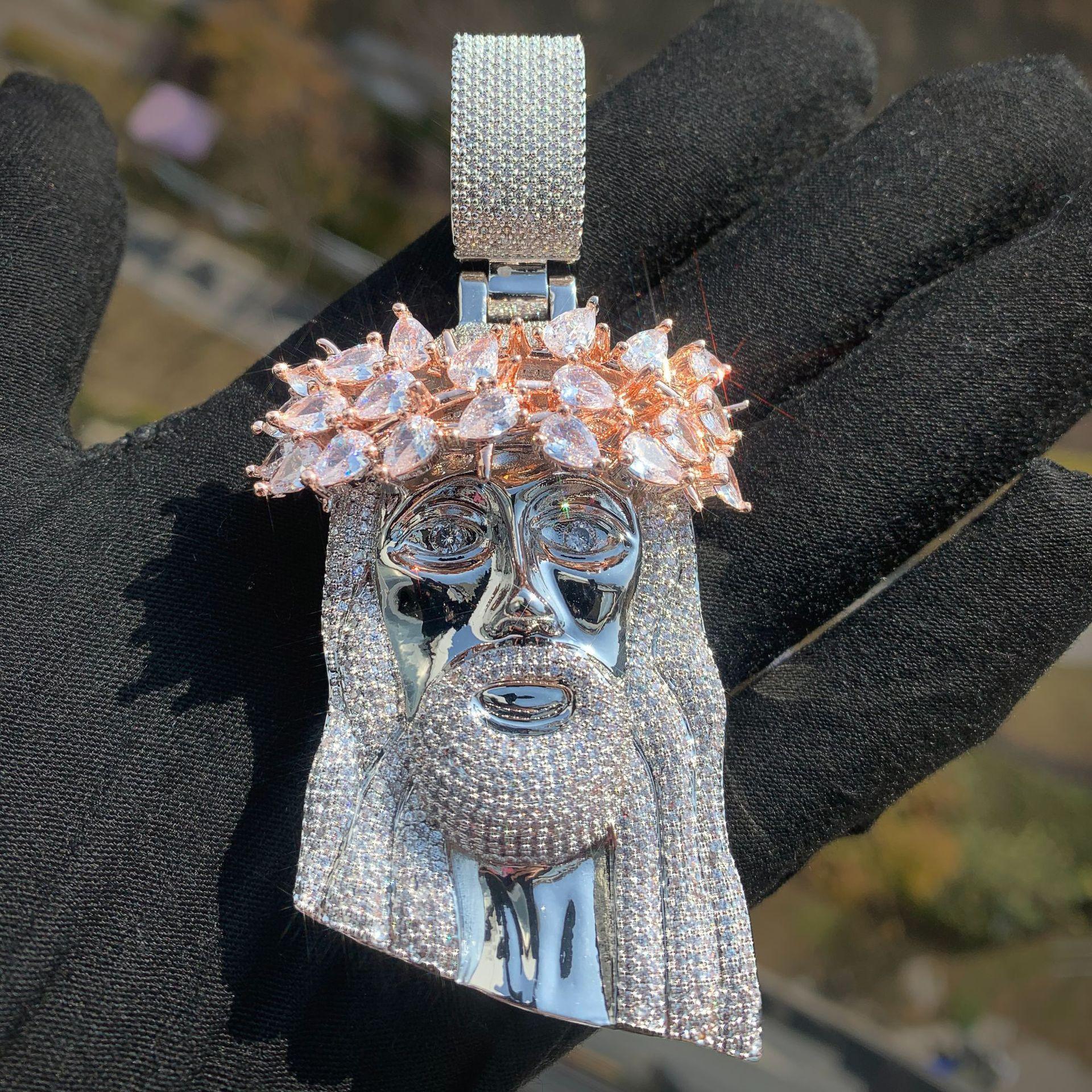 Hip Hop Jesus Head Pendant Necklace Iced Out Zircon Halo Design - CaratixJewelry