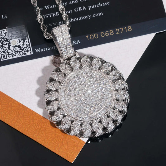 Hip-Hop Large Round Cuban Pattern Necklace – S925 Moissanite Pendant, Twist Design for Men - CaratixJewelry