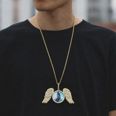 Hip Hop Memorial Custom Wing Photo Pendant Necklace For Men Personalized With Angel Wings Pendants Trays Picture - CaratixJewelry