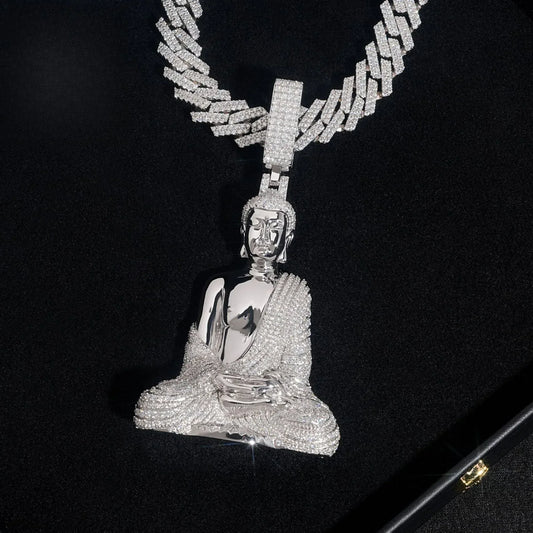 Iced-Out Buddha Pendant – D Color Moissanite Full Pave 925 Sterling Silver Hip Hop Jewelry - CaratixJewelry