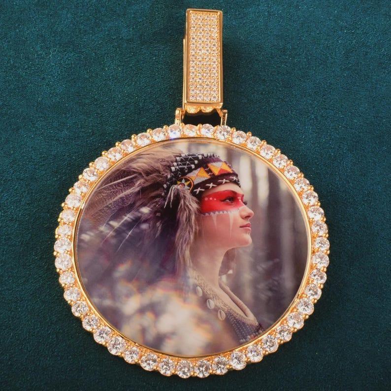 Big Round Shape Custom Photo Pendant Make Memory Picture Hip Hop Necklace Chain For Men Women Solid Back Bling Zircon Jewelry - CaratixJewelry