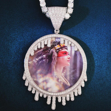 Custom Big Round Dripping Shape Photo Pendant Solid Back Make Memory Picture Hip Hop Necklace Chain Jewelry For Men Women