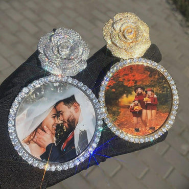 CUC Custom Photo Pendant Rose Flower Bail Memory Frame Picture Necklace Chain Iced Out Zircon Men Women Hip Hop Jewelry NEW - CaratixJewelry