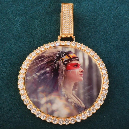 Big Round Shape Custom Photo Pendant Make Memory Picture Hip Hop Necklace Chain For Men Women Solid Back Bling Zircon Jewelry - CaratixJewelry