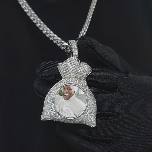 Custom Iced Out Bling Memory Photo Jewelry Money Bag Personalized Medallions Picture Necklace Hip Hop Pendant