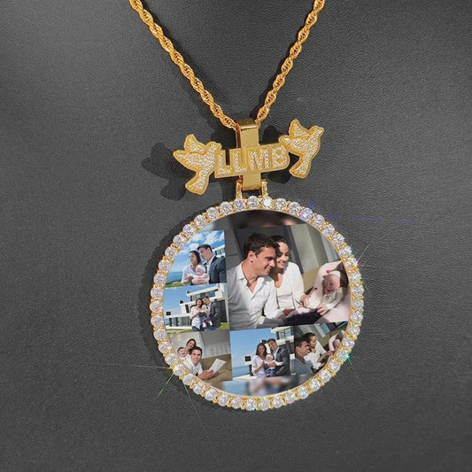 Custom Letter Diamond Bail 68mm Big Circle Photo Pendant Men Women Hip Hop Memory Picture Charm Necklace Jewelry Birthday Gift