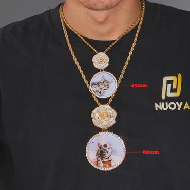 Customizable HipHop Rose Flower Bail Medallion Jewelry Personalized DIY Photo Memory Pendant 45/68mm Circle Picture Chain Gift