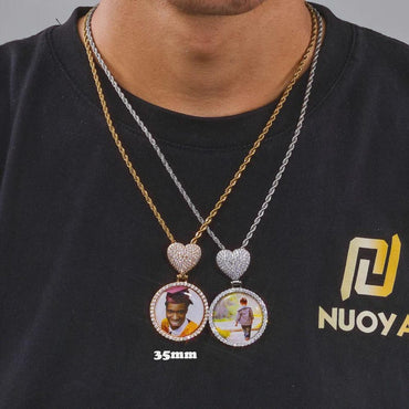 Custom 35/45mm Circle Chain Medal Disc Photo Pendant With Heart Clasp Memory Picture Pendant Engrave Name HipHop Fashion Jewelry