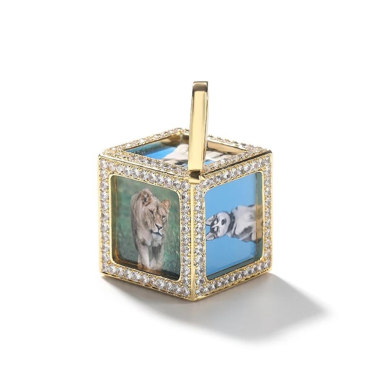 Men's 3D Cube Custom Memory Photo Pendant Necklace Iced Out 5A CZ 14k Gold Plated Personalized 6 Sides Pictures - CaratixJewelry